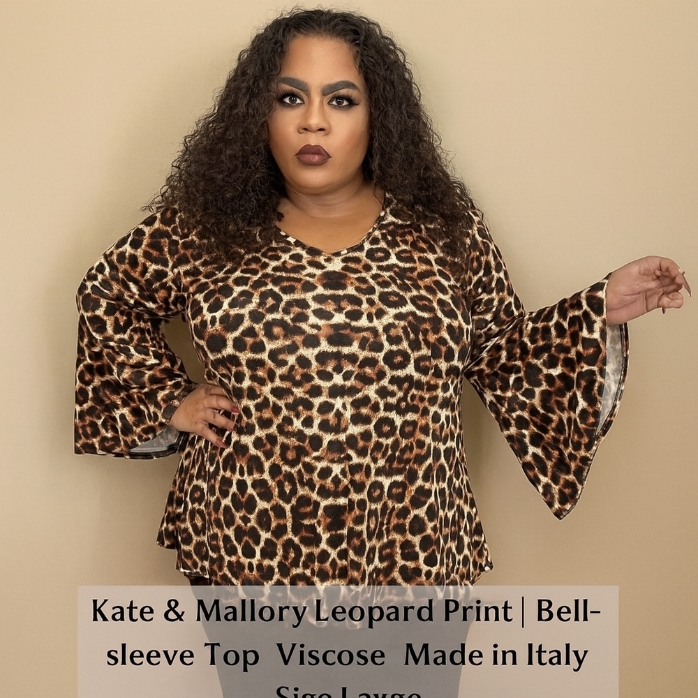 Kate & Mallory Leopard Print‎ Bell Sleeve Top Size L Made in Italy Viscose...